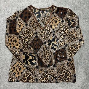 Vintage Georgiou Studio Leopard Print V-Neck Blouse